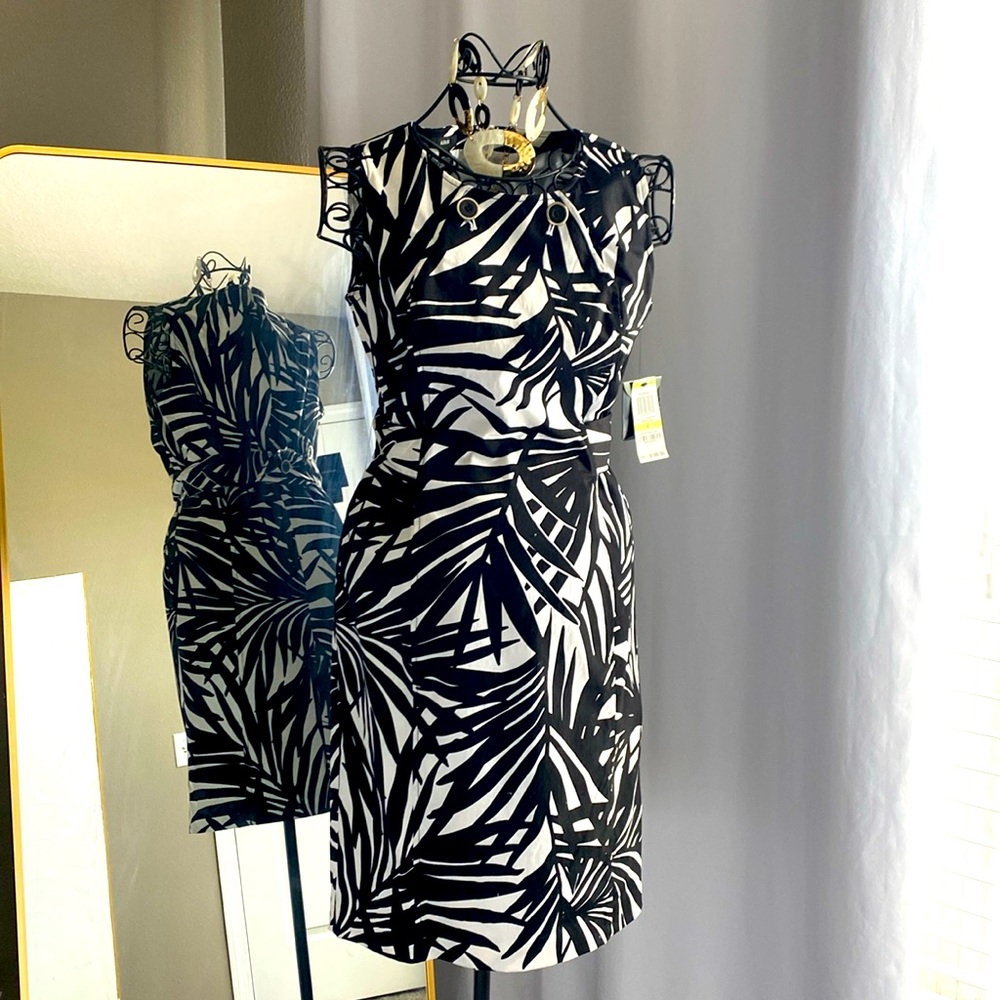 NWT 🆕 Alfani sheath dress career evening cotton blend white black palm print